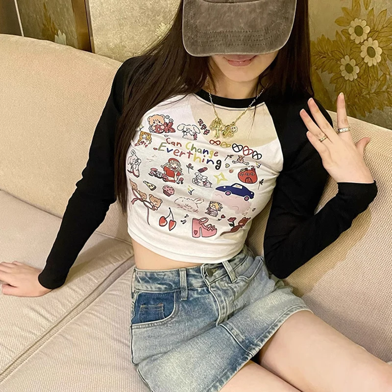 Women's Print T-shirt Autumn New Fashion Streetwear Patchwork Long Sleeves Tees Casual Slim Personality Versatile Female T-shirt