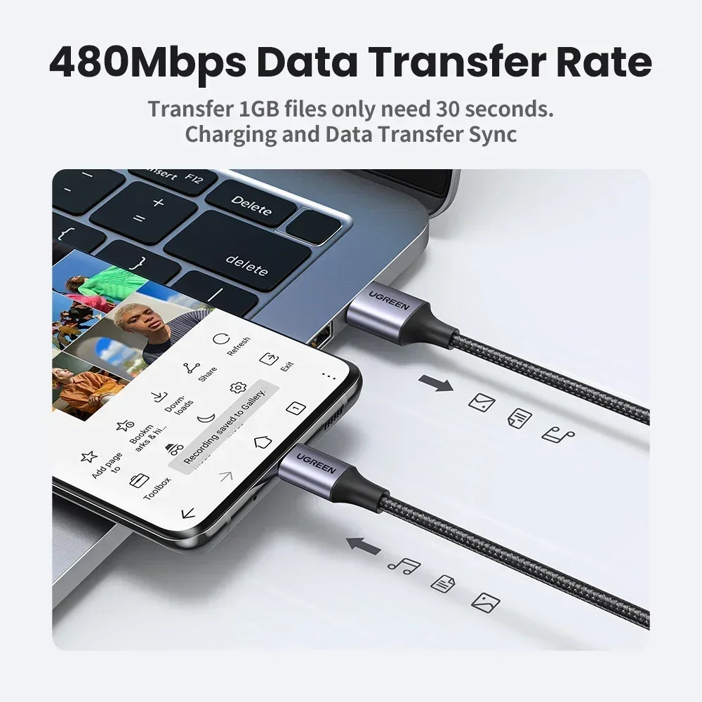 UGREEN Kabel USB Typ C 3A, nylonowa plecionka, 25cm 50cm 1m 1.5m 2m 3m, szybkie ładowanie i transfer danych dla iPhone 16 15, telefonów Android, ładowarka USB C — zdjęcie produktu 6