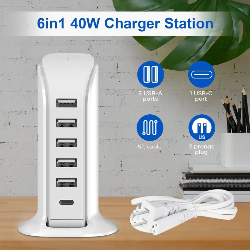 

40W Multi-port USB Charger With 1 USB-C Fast Charging and 5 USB-A Ports For All Type Electronics Desktop Travel Portable Charger