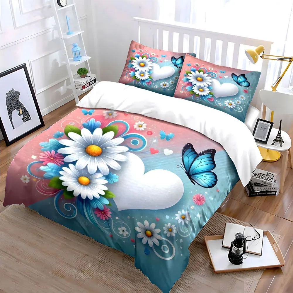 Romantic heart, butterfly, and floral decor Bedding Set for Kids Luxury Gift 3pcs Digital Print Comforter Set Soft Comfortable