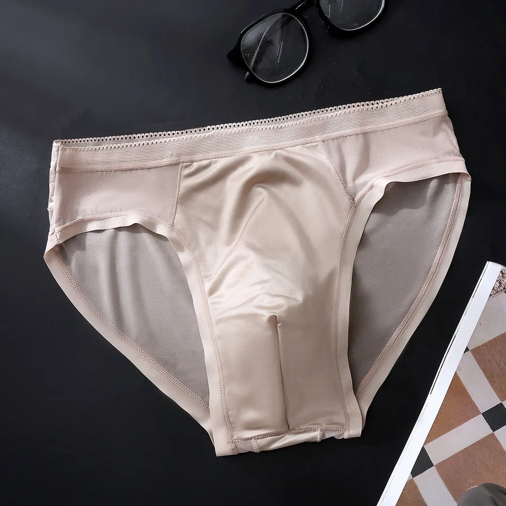 Men's Ice Silk Mesh Briefs With 3D U Pouch Ultra-Thin Breathable See-Through Underwear Quick Dry Solid Color Seamless Panties