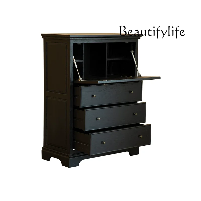 American solid wood flip desk integrated bedroom locker French retro black storage study