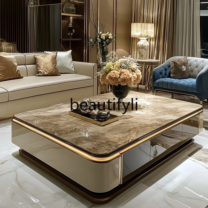 

a16 Large coffee table living room light luxury high-end atmospheric microcrystalline stone table 6 drawers large storage