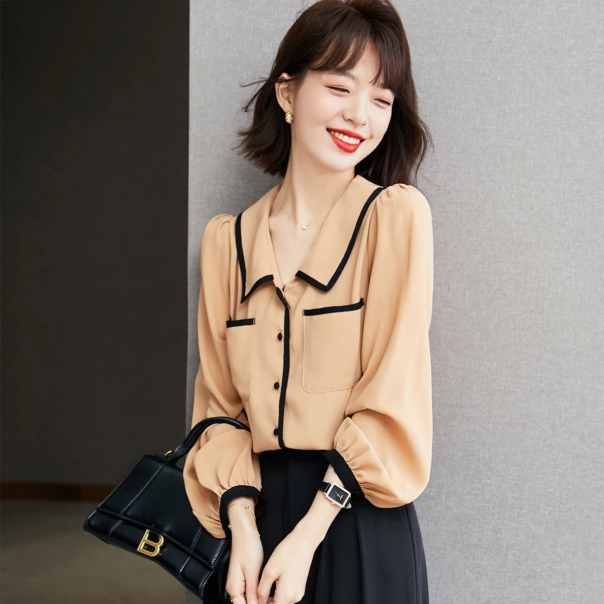 

Women Fashion Basics Lantern Long Sleeve Button Shirt Tops Spring Autumn Office Lady Elegant Chic Casual Loose Blouse A1413