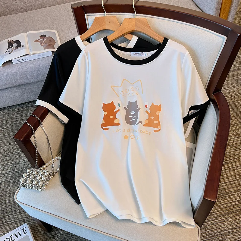 

170Kg Plus Size Women's Bust 170 Summer Loose Short Sleeve Cartoon Cat Printed T-shirt White Black 6XL 7XL 8XL 9XL 10XL 11XL