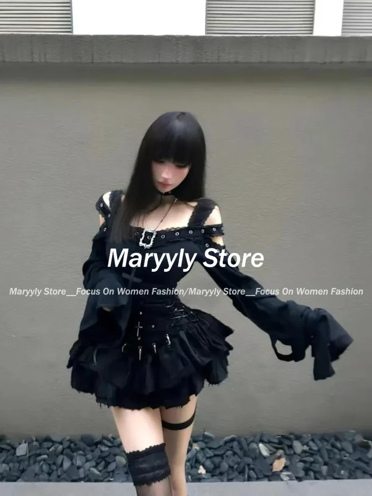 Y2k Harajuku Two Piece Sets Women Off Shoulder Square Collar Tshirts + High Waist A-line Mini Skirts Dark Gothic Vintage Outfits