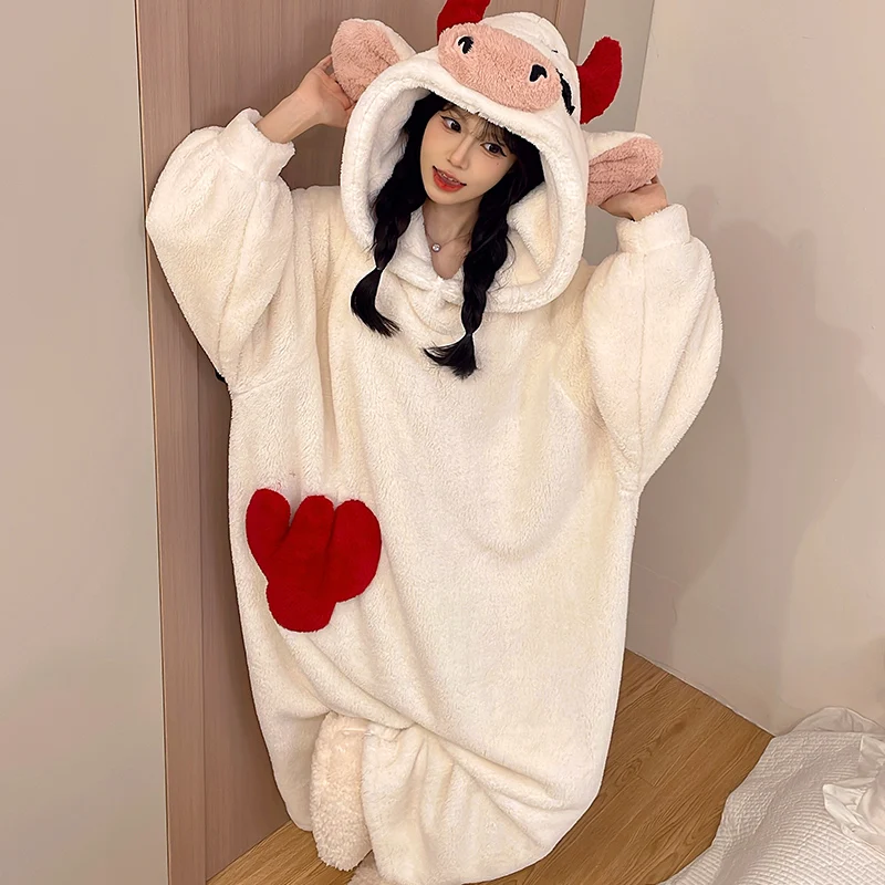 

Cute Coral Fleece Pajamas for Women 2025 New Winter Flannel Onesie Homewear Thermal Fuzzy Loungewear Korean Cartoon Pajamas