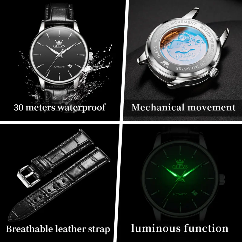 OLEVS 6725 Mens Watch Original Luxury Automatic Mechanical Watch Movement Waterproof Luminous Watch Single Calendar Design