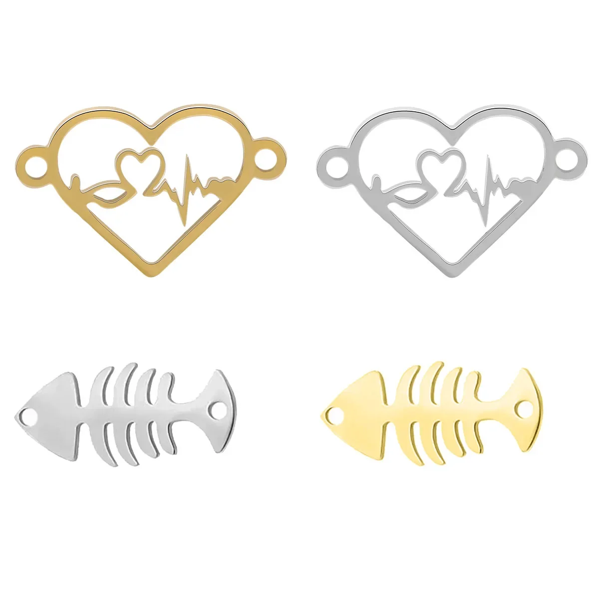 Stainless Steel Romantic Love Heartbeat Fish Bone Charm For Bracelets Necklace Jewelry Making 5Pcs/Lot DIY Accessories Wholesale
