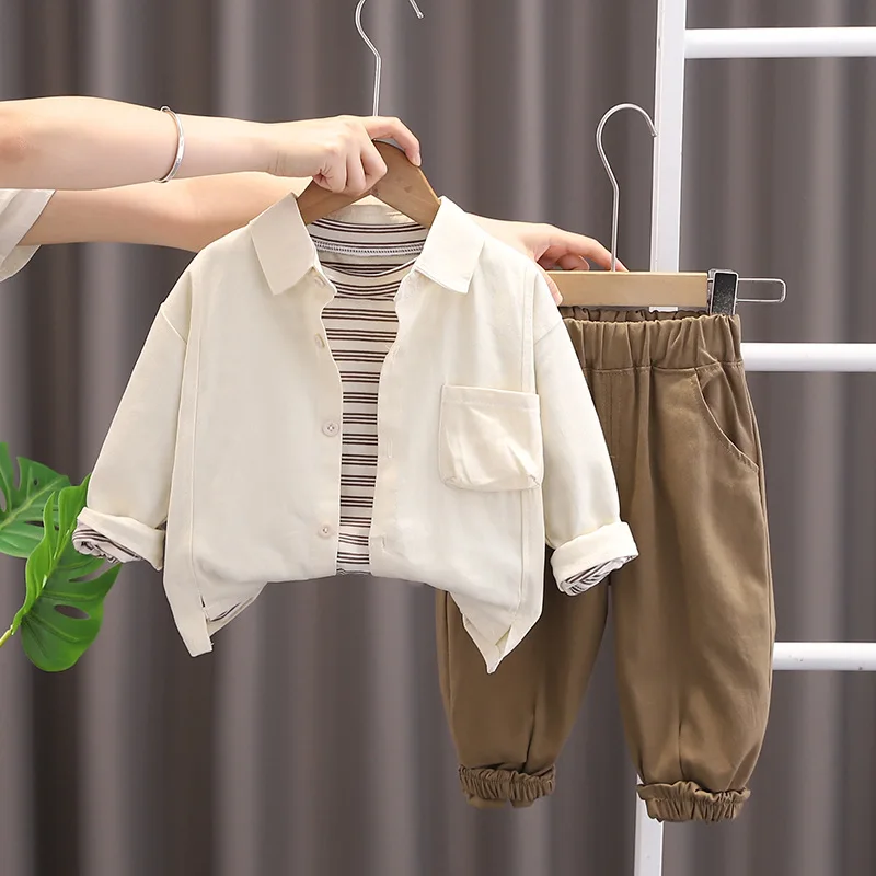 Boys Fall Set 2026 New Kids Korean Striped Spring Autumn Clothes Baby Solid Shirt Three Piece Set Trendy