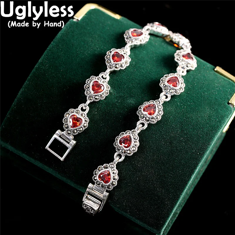 

Uglyless Sweet Heart-shape Garnet Bracelets for Women LOVE Gifts Jewelry for Girlfriends Thai Silver 925 Silver Ethnic Jewelry