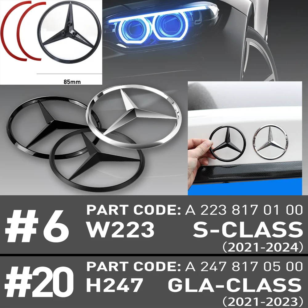 For Mercedes Benz Class S A2238170100 Class GLA A2478170500 85mm Tail Star Emblems Black Silver Rear Trunk Logo Stickers Badges