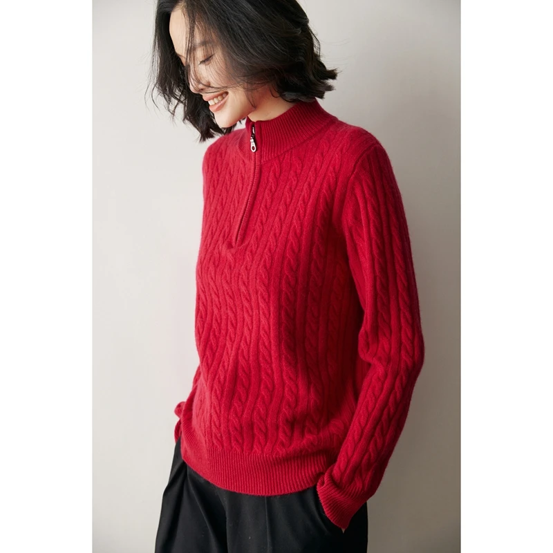 

Women Thick Cashmere Pullovers Mock-neck Sweater Autumn Winter Casual Long Sleeve Twist Flower 100% Cashmere Knitwear Clothing