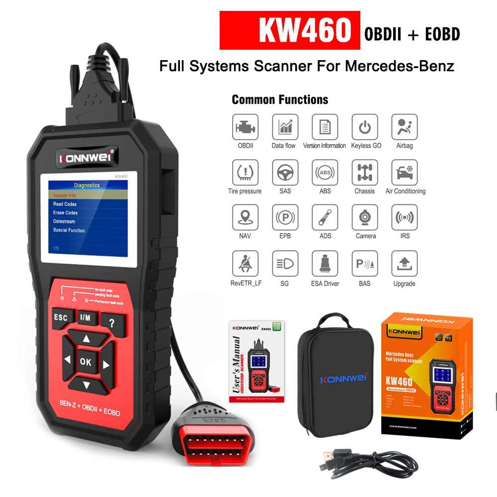 For Mercedes Benz KONNWEI KW460 OBD2 Scanner Car Auto Diagnostic Tool Full System Code ABS Airbag Oil ABS EPB DPF SRS TPMS Reset