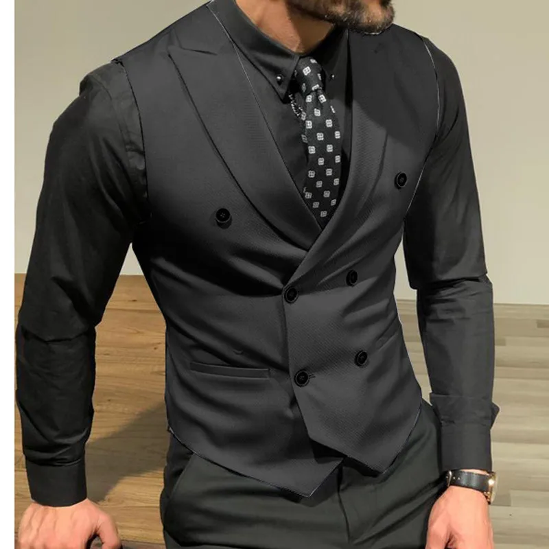 Classic Black Men's Suit Vests with Double Breasted Slim Fit Groomsmen Waistcoat for Wedding Business One Piece Male Vest