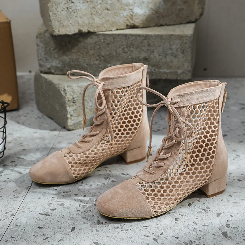 Fashion New Sexy Lace-up Mesh Hollow Ankle Boots Zapatos Mujer Elegantes Con Tacones Bajos Charms Zapatos De Mujer Envío Gratis