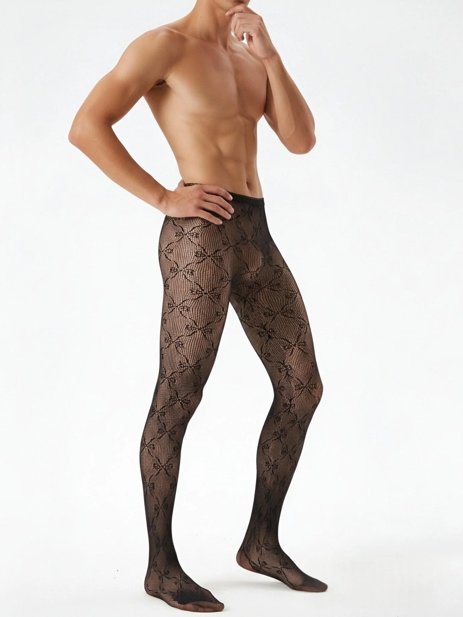 Men Fishnet Tights Bow Star Floral Pattern Mesh Pantyhose Stretch See Through Full Length Hosiery Male Club Party intimate view 4