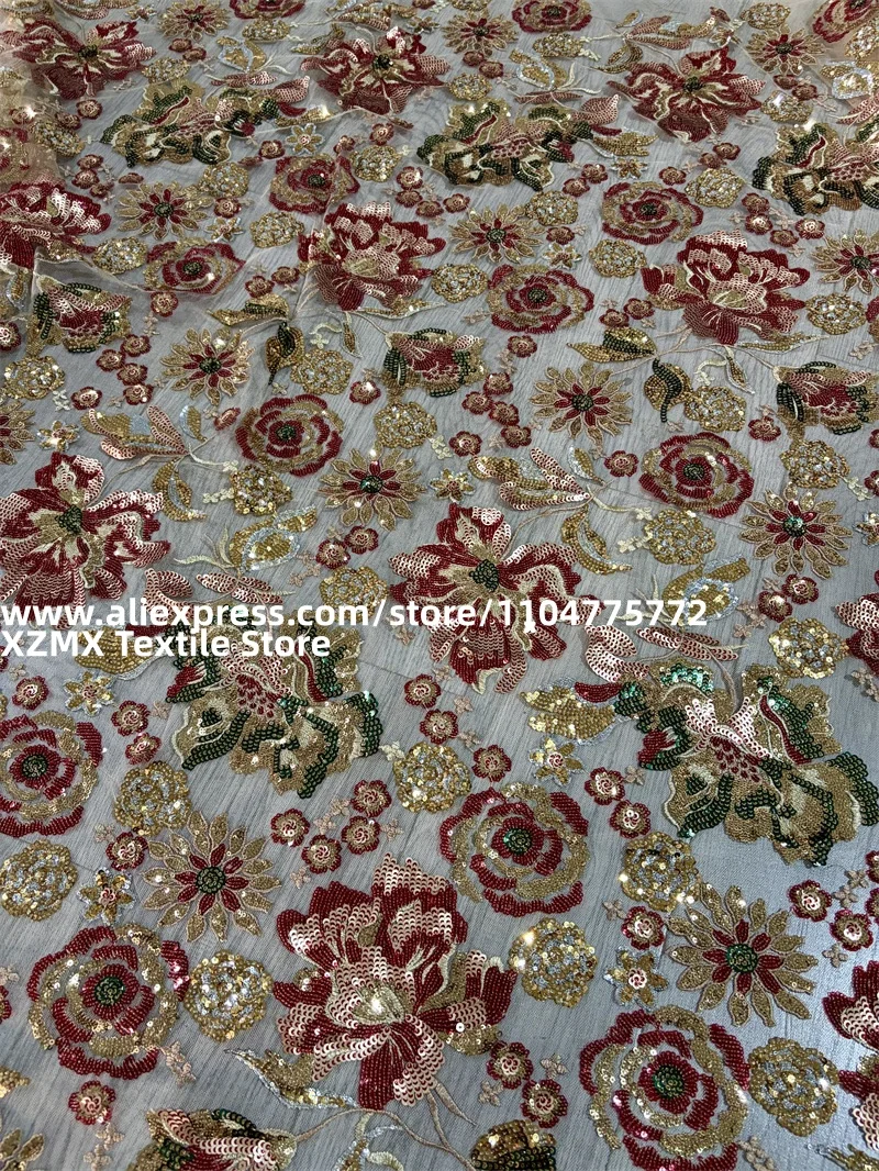 Burgundy Gold Floral Sequined Embroidery Lace Fabric Heavy Beaded Tulle for Wedding Evening Dress Sewing Fabric