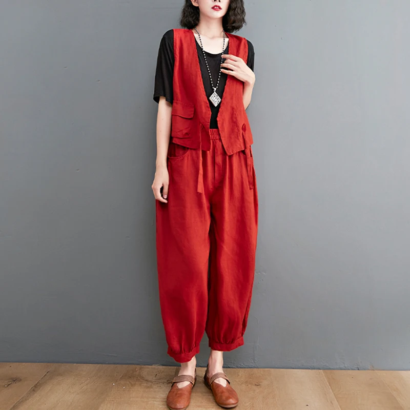 Faionable Ensemble de lin en coton Pantalon Harlan neuf pièces pour femme Jaet avec ket Taille élastique Flip Cover Design Automne Collec...