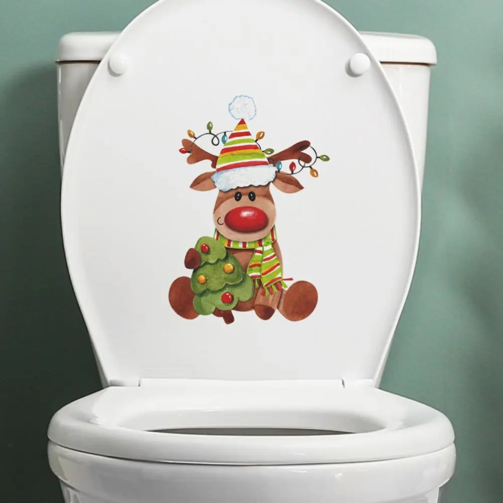 Christmas Toilet Sticker Cute Elk Removable Toilet Decals Vibrant Colors Strong Adhesion Wall Decak For Kids Bedroom/Bathroom