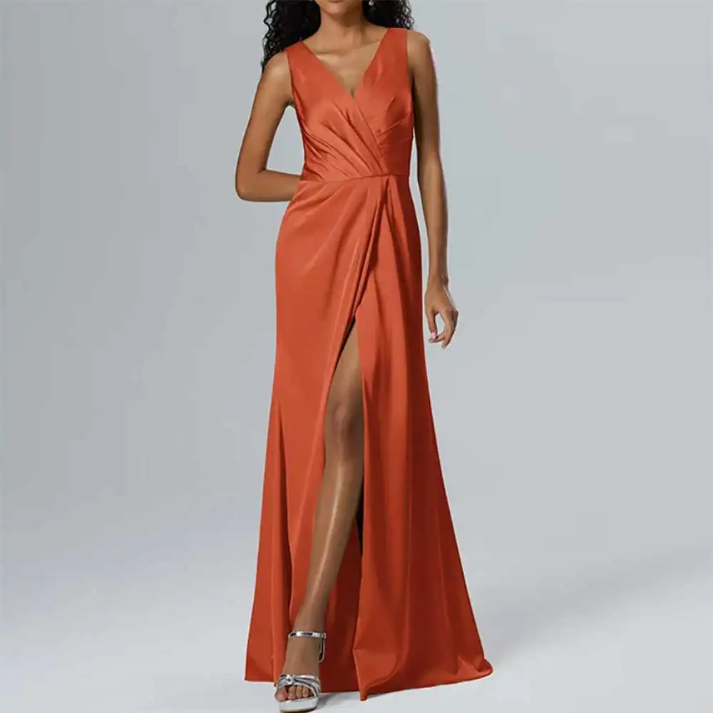 

Elegant V Neck Backless Sleeveless Bowknot A-line Evening Dress Side Slit Pleats for Prom Party Bridesmaid Wedding Guest Dresses