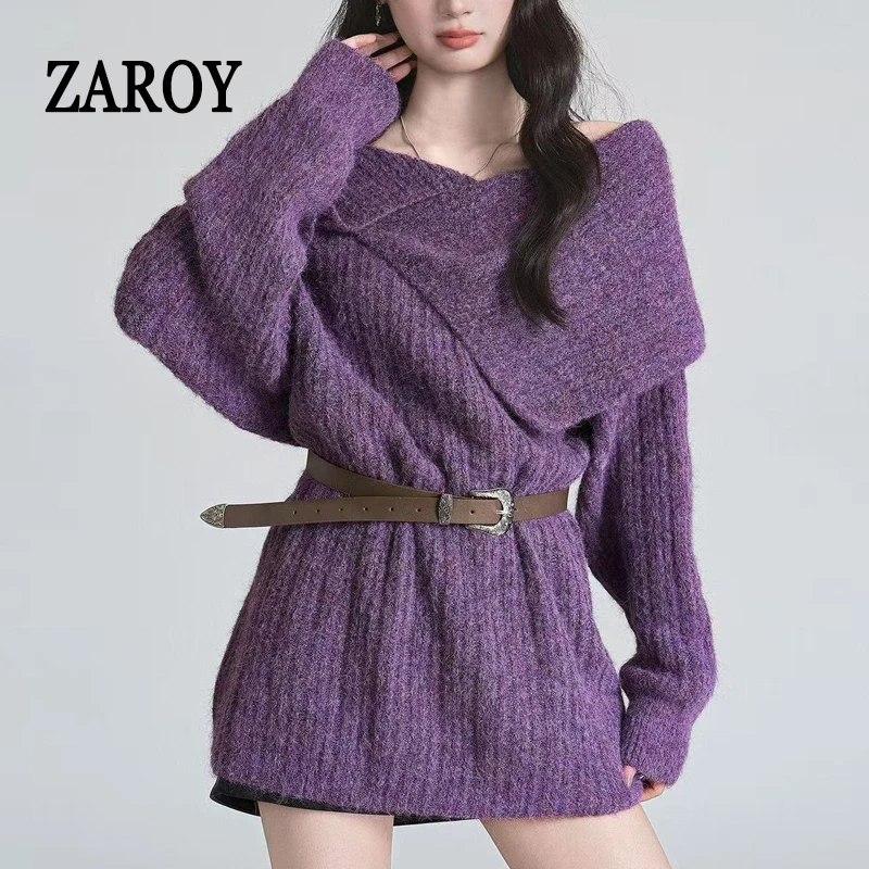 

ZAROY Casual Loose Women Sweater With Belt 2026 Spring Long Sleeve Lapel Sweater Party Elegant Knitwear Pullover свитер