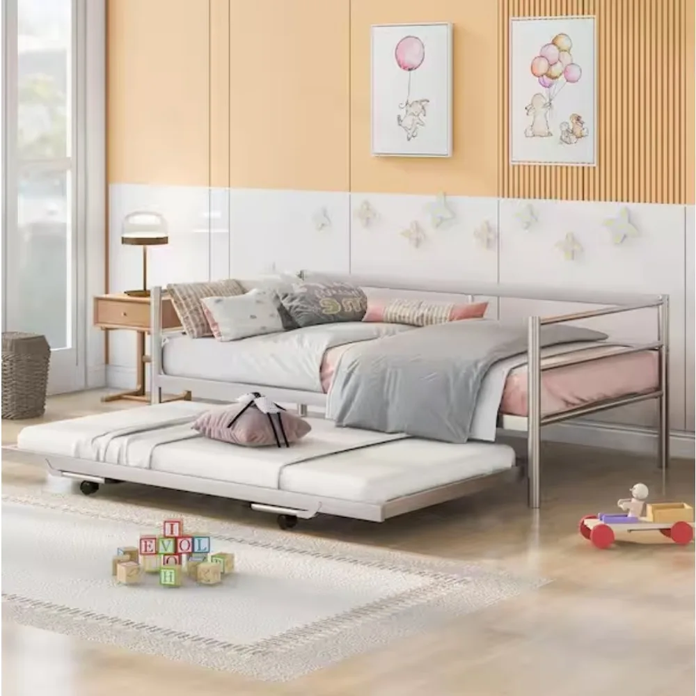 Metal Frame Twin Size Platform Bed, Daybed with Adjustable Trundle, Pop Up Trundle, Silver