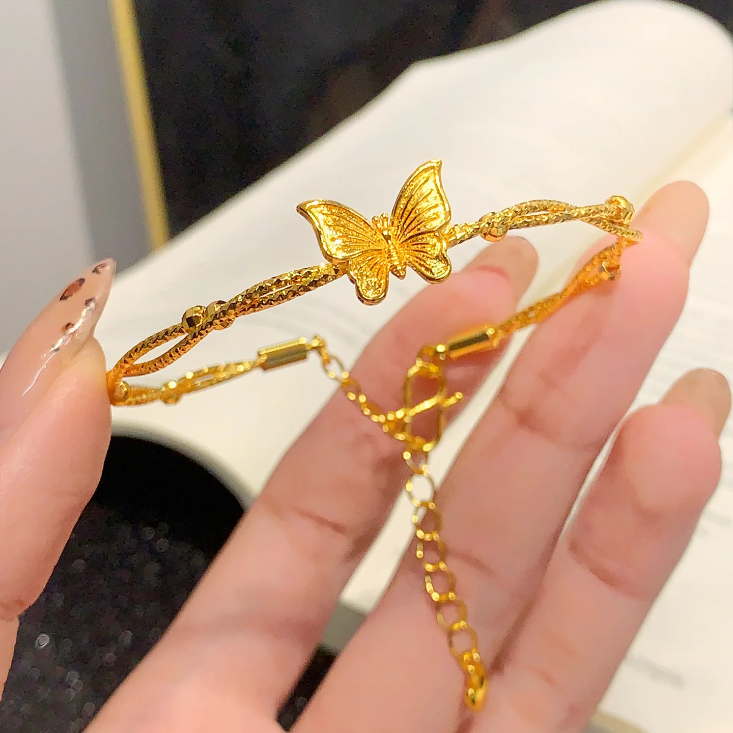 

Adjustable Rope Shiny Butterfly Double Bracelet For Women 24K Gold AU999, Fits all wrist sizes comfortably