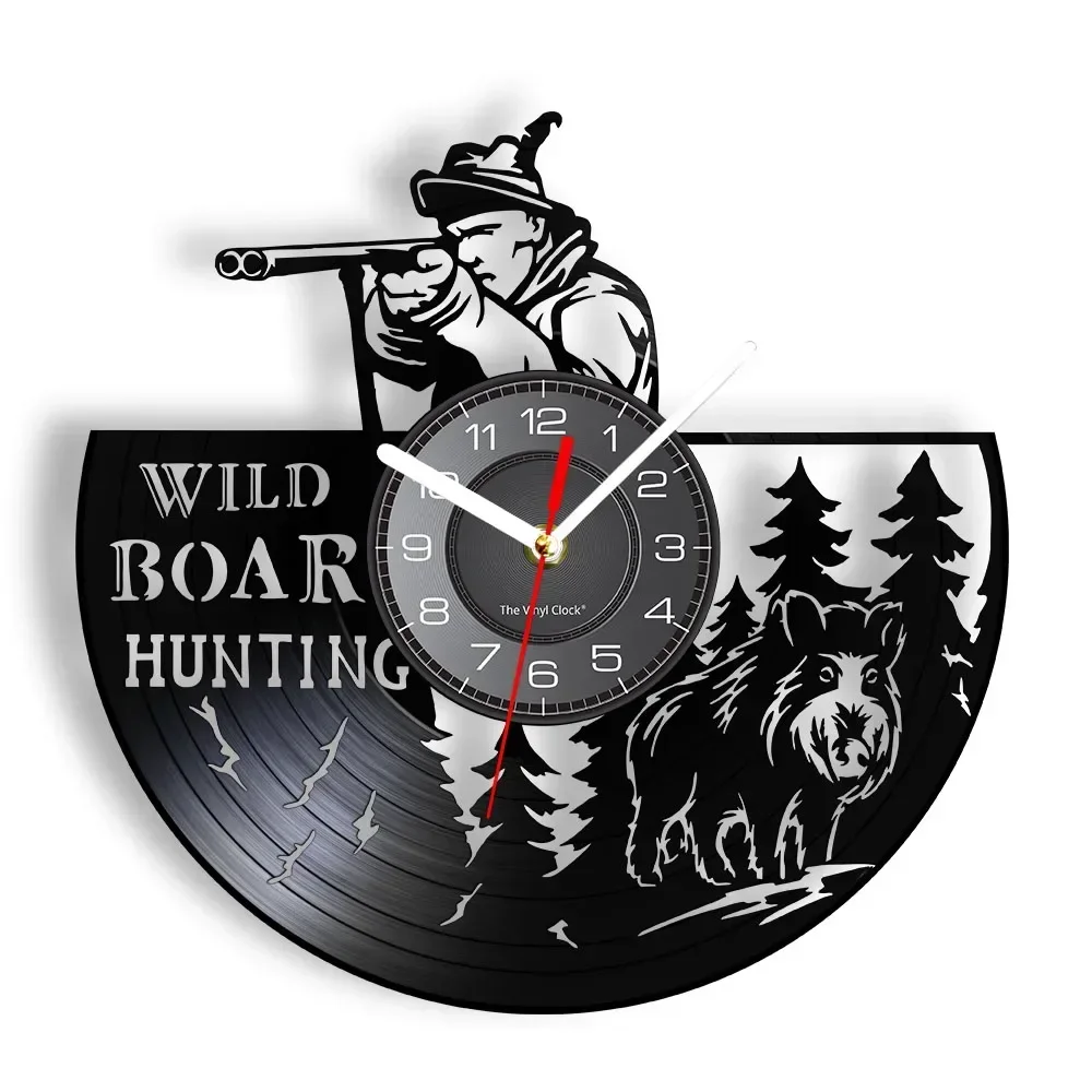 Wild Boar Hunting Vinyl Record Wall Clock Wildlife Animal Watch Hunting Hobby Creature Decor Timepieces Silent Shooter Gift