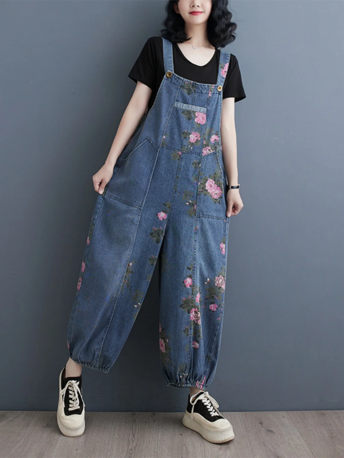 Retro Stylish Loose Fit Denim Overalls Women's Multi-Pocket Slimming Lantern Pants High Waist Cotton Jeans Commute Style - view 3