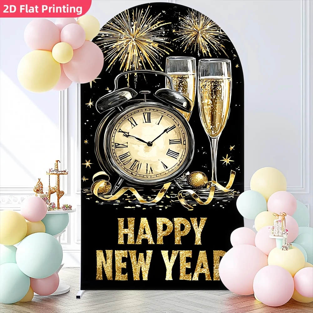 1 stücke Frohes Neues Jahr Thema Party Bogen Polyester Hintergrund Banner Foto Becher Goldene Ballon Geschenk Hintergrund Gewölbte Dekorationen