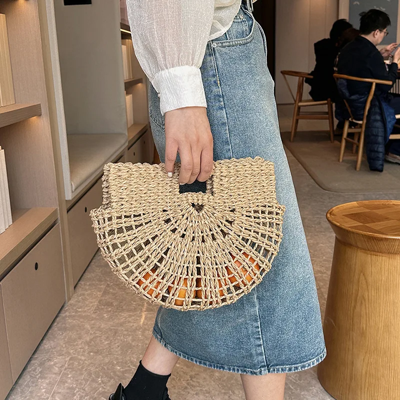 Straw Woven Basket For Women Rattan Handmade Storage Fashion Handbag Beach Travel Top Handle Shoulder Bag For Female