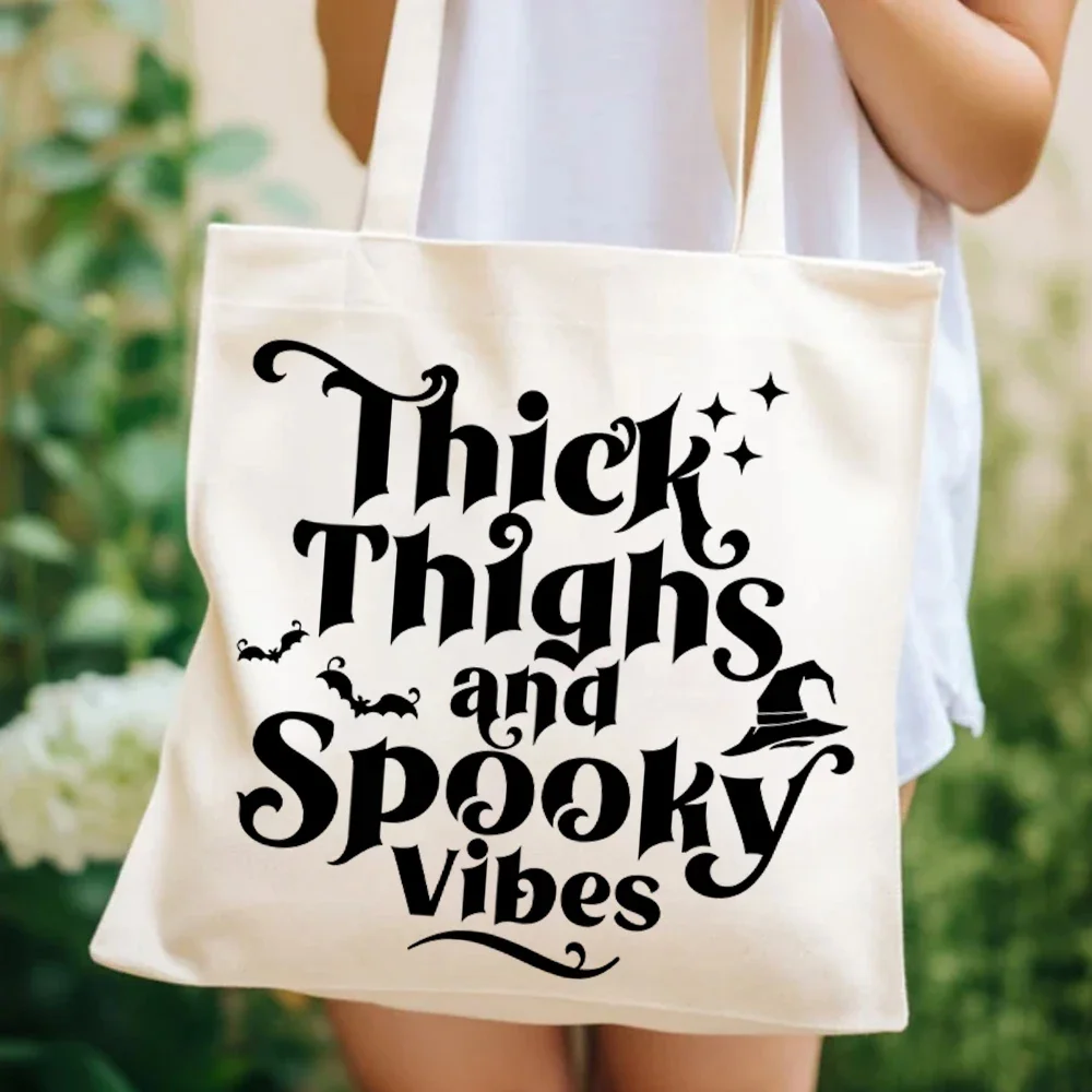 Thick Thighs and Spooky Vibes Tote Bags Spooky Season Bags Funny Halloween Tote Bag for Women's Halloween Party Womens Hand Bags