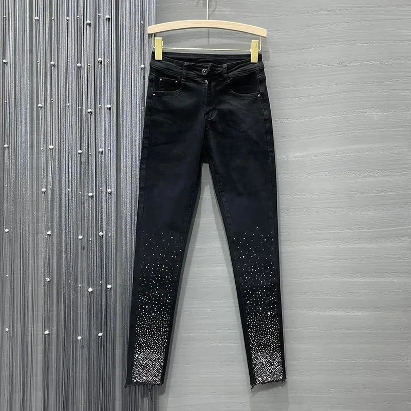 

Black Jeans For Women Trendy 2025 Autumn Winter New High Waist Slimming Rhinestone Pencil Pants Street Stretch Skinny Trousers