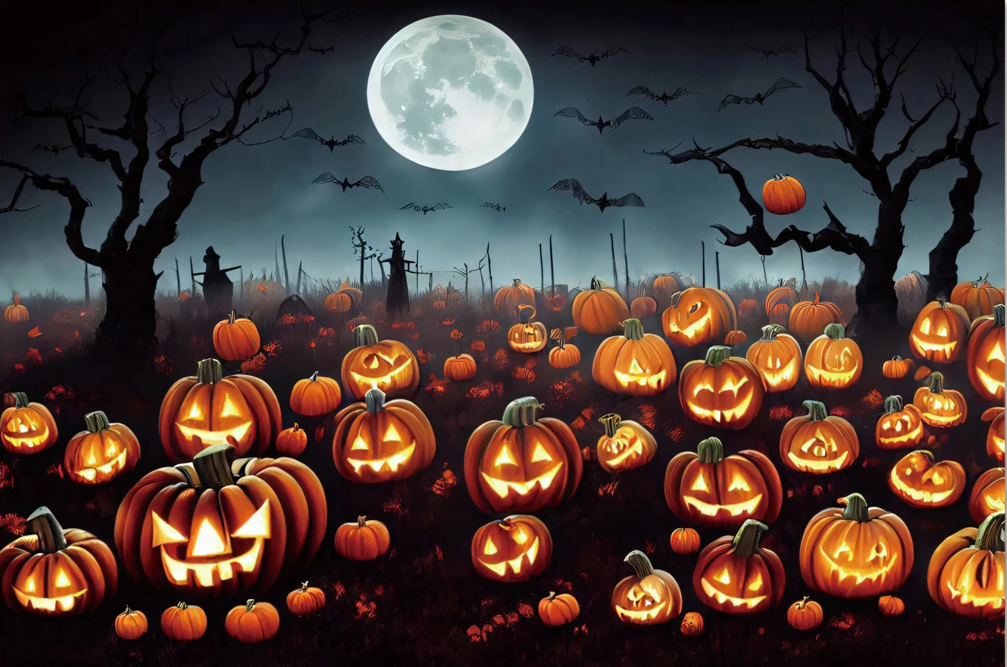 Halloween Eve Photography Backgrounds Horror Theme Backdrop Night Castle Moon Pumpkin Lights Skeleton Family Party Photozone