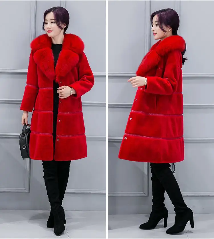 Winter Korean Version Women\'s New Faux Sheep Shearing Fur Coat Medium Length Faux Fur Collar Coat Office Lady Traf Parkas