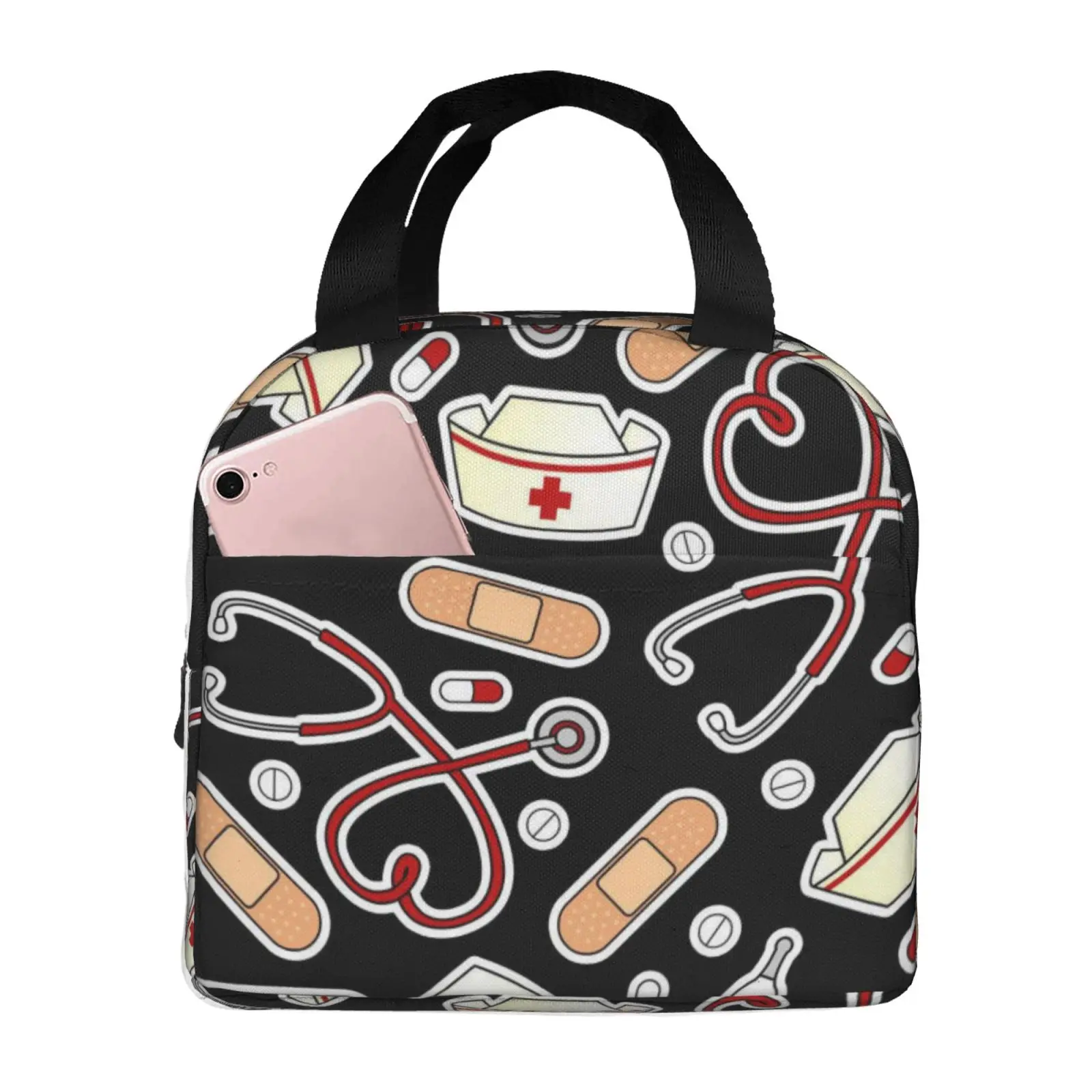 Cute Medical Icon Print Insulated Lunch Bag Portable Cooler Tote Bag Nurse Appreciation Gift for Healthcare Workers