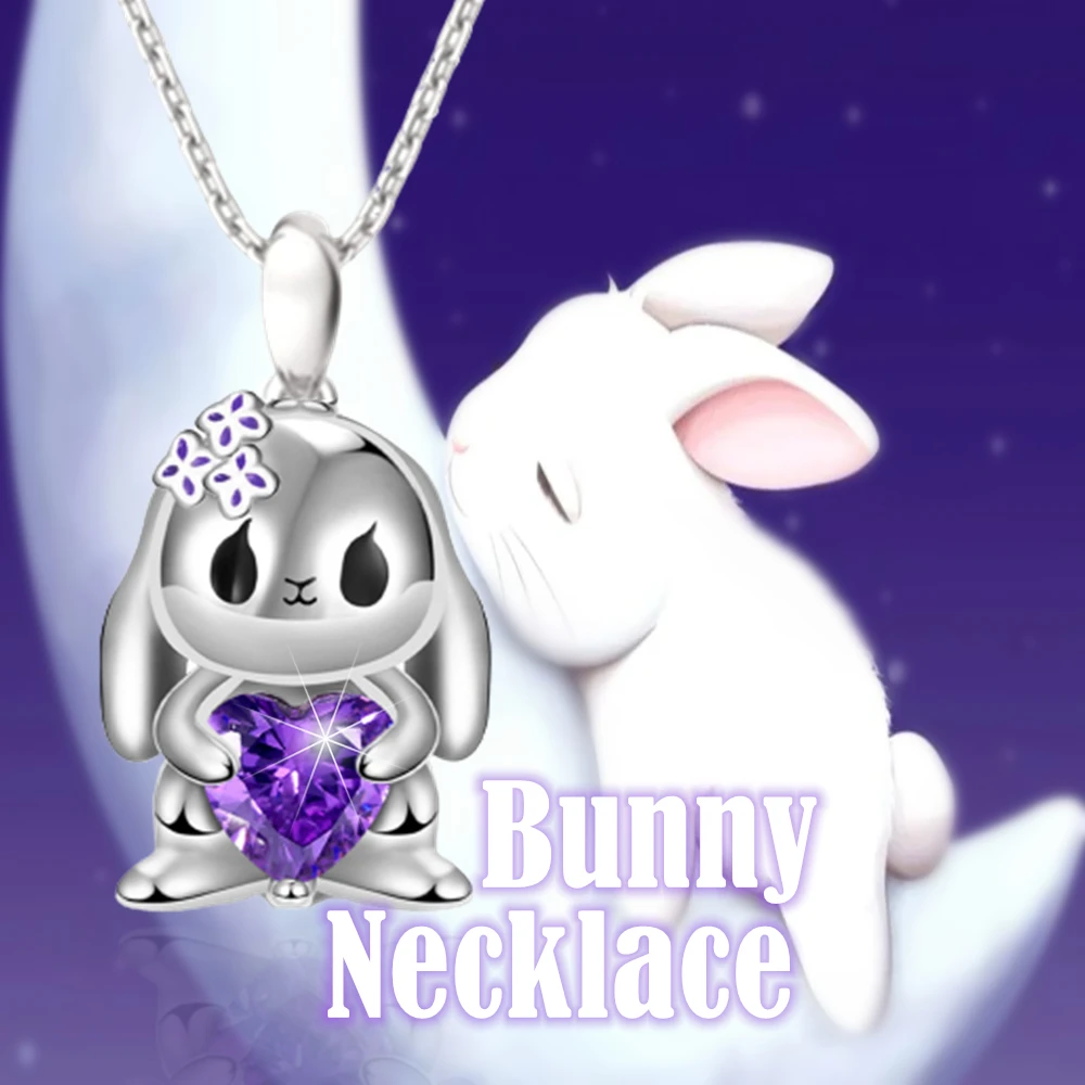 Exquisite Heart-shaped Purple Crystal Bunny Pendant Necklace for Girl Cute Cartoon Rabbit Necklace Jewelry Fashion Birthday Gift