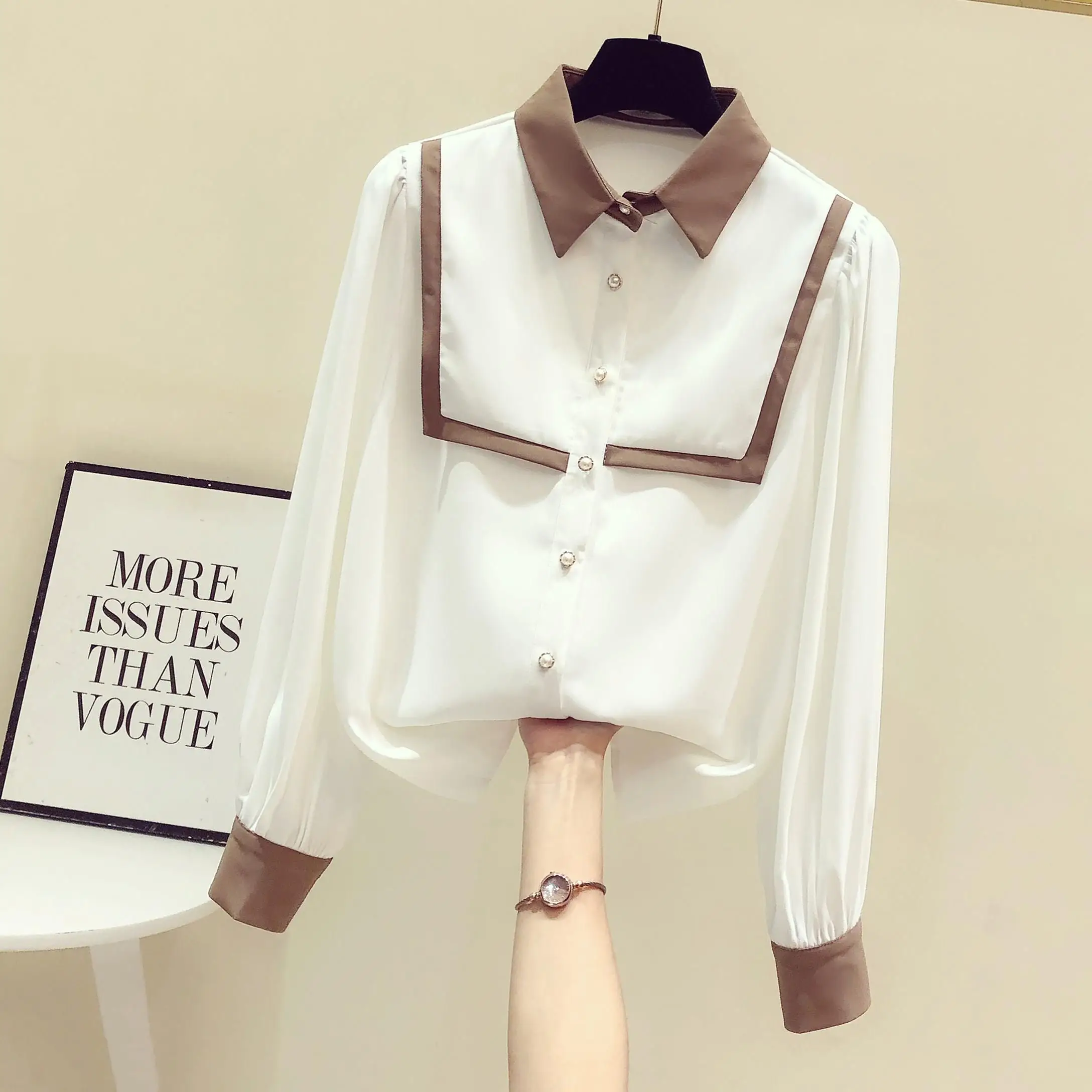 

Autumn New Arrival Color-blocked Polo Collar Long Sleeve Blouse for Women