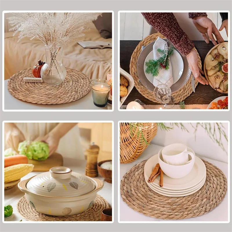 4 قطعة المفارش المستديرة المنسوجة الروطان اليدوية 30 سنتيمتر الخوص الطبيعي مضفر مكان الحصير زلة مقاومة للحرارة الجدول حصيرة لطاولة الطعام