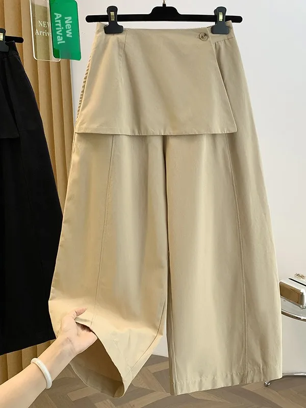 Authentic Early Autumn Casual Versatile Fake Two-Piece Straight Leg Nine-Piece Pants Ladies Wide Leg Cotton Natural Waist