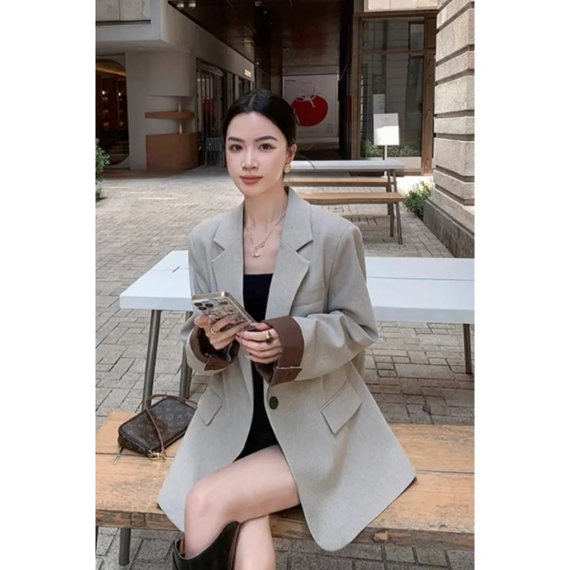 Fashionable Korean Style Suit Jacket Splicing Simple Commuting Loose Women's Solid Color Cardigan Long-sleeved Top