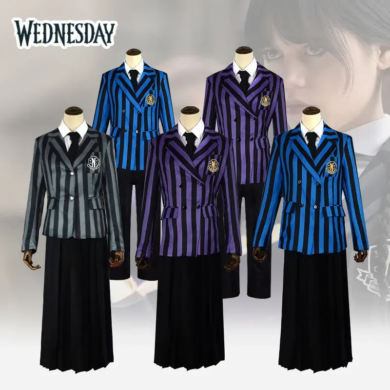 Movie Wednesday Addams Family Nevermore Academy Cosplay Costume School Uniform Adult Casual Full Set Stripe Suit Outfit Coat Ski