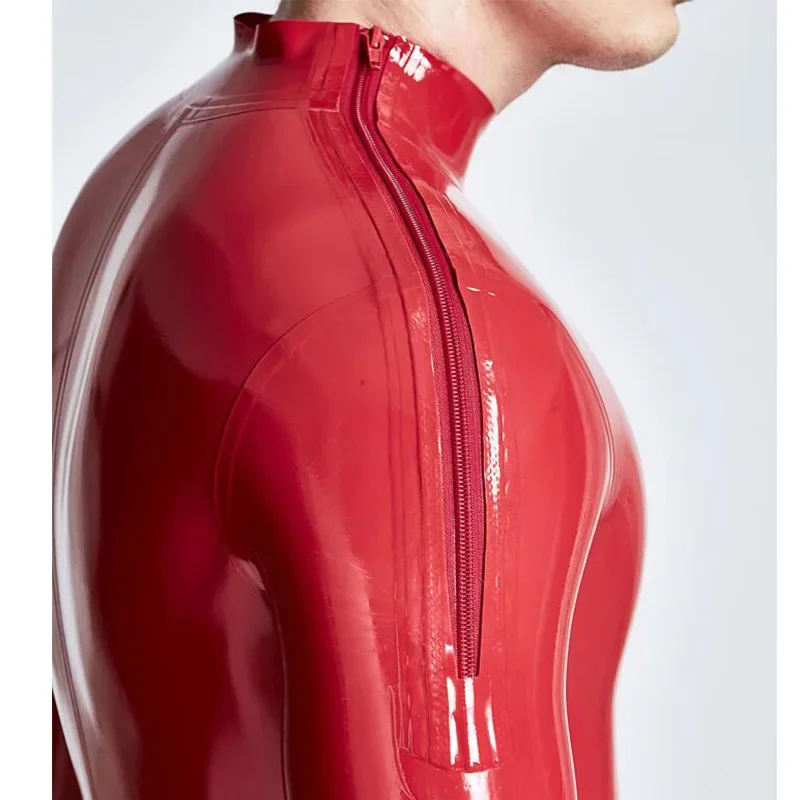 

Double Shoulder Zipper Handmade Male Red Bodysuit Latex Catsuit Custom Made Jumpsuit Men Cosplay Costumes