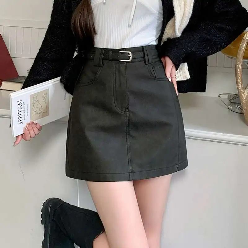 Women's PU Leather Mini Skirt High Waist A-Line Versatile Belted Skirts Spring Summer Autumn Fashion Fresh Sweet Girl Style