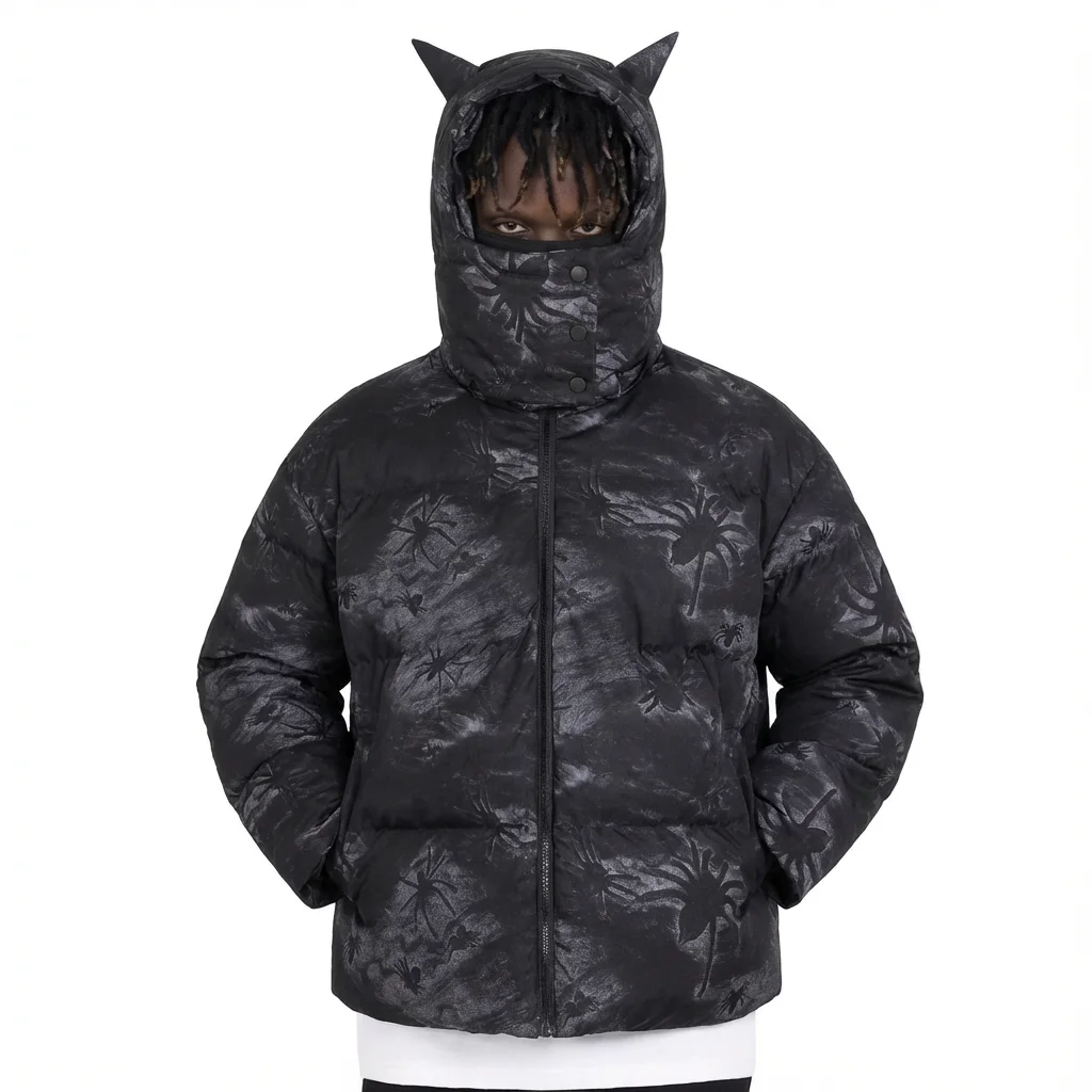 

Мужская стеганая куртка с злым рогом, толстые женские парки с капюшоном в маске паука, зимние пальто Y2k на молнии для мужчин
