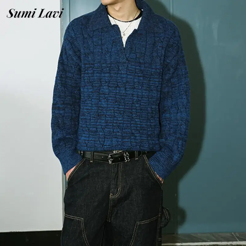 

Винтажная мужская вязаная рубашка-поло с лацканами, осень-зима, повседневный повседневный однотонный свитер с v-образным вырезом, мужской модный жаккардовый вязаный топ