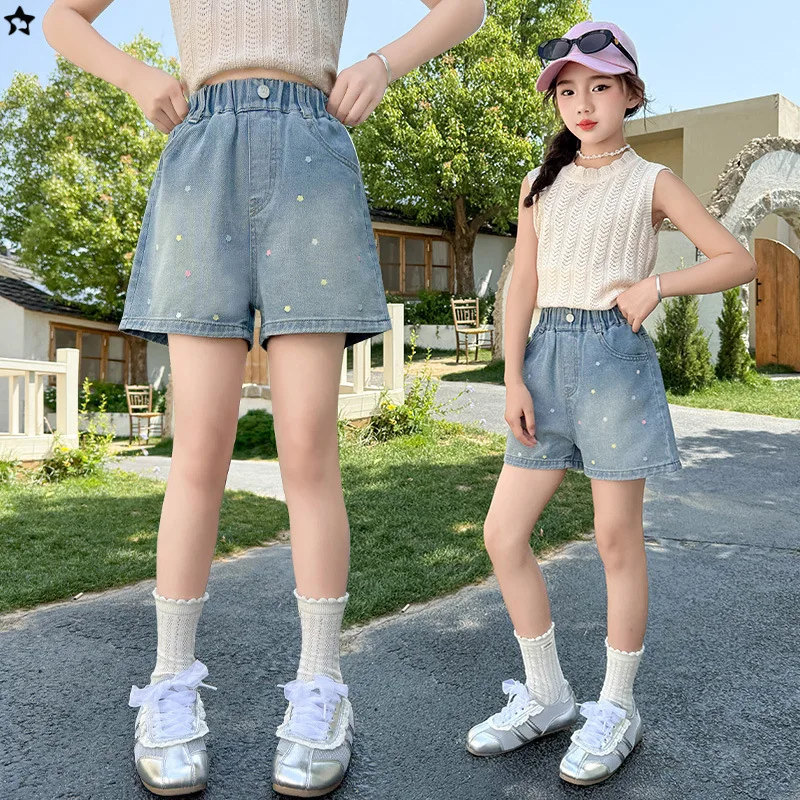 

Summer embroidered denim shorts, girls' shorts, suitable for 7-14 years old Teen, shorts, children's clothing