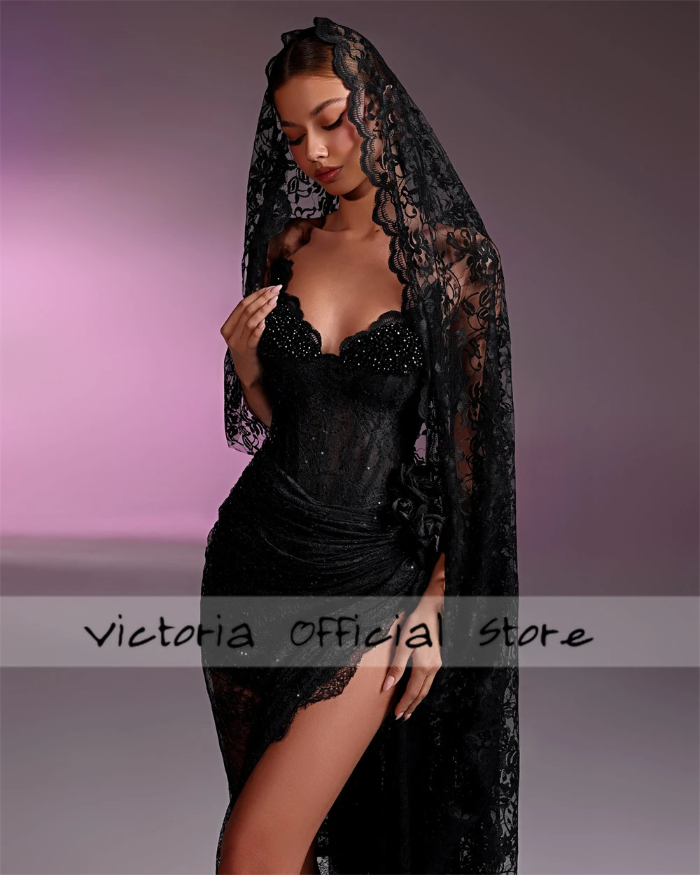 Mysterious Sweetheart Black Lace Evening Dresses High Split Beaded Rhinestones Mermaid Dubai Cocktail Party Gowns Customized