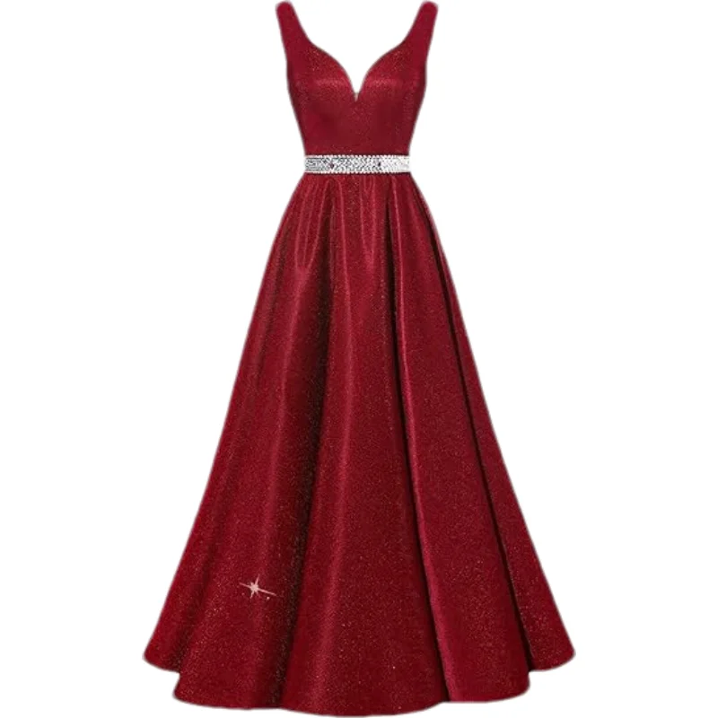 Customized Womens Glitter Satin Prom Dresses Long Corset V-Neck Beaded Belt Formal Evening Dress Party Gowns with Pockets